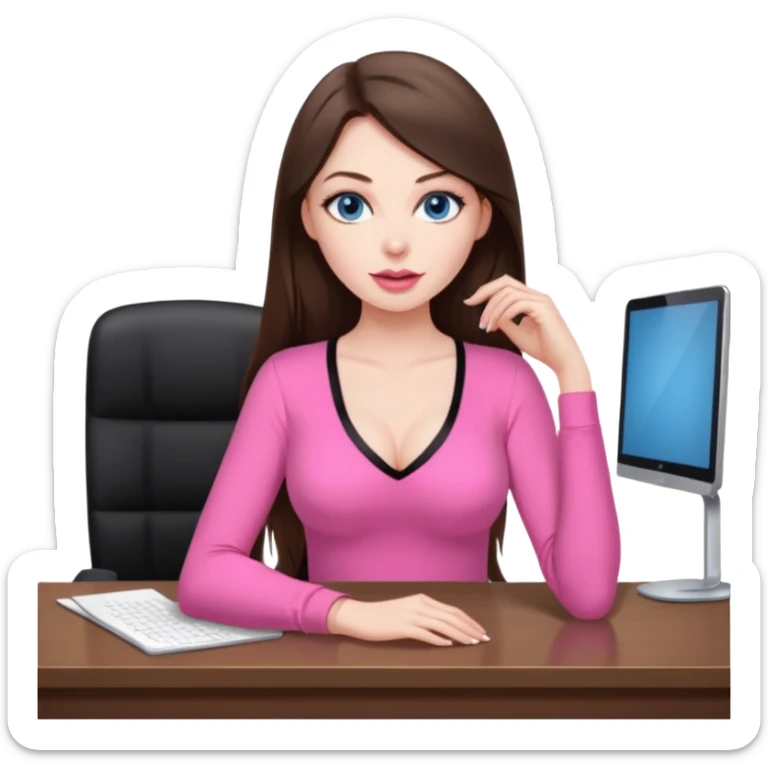 sexy woman brunette, very large breasts, pale skin, blue eyes, long brown hair, tight pink low cut  blouse, big pink lips, short black skirt. at desk sticker
