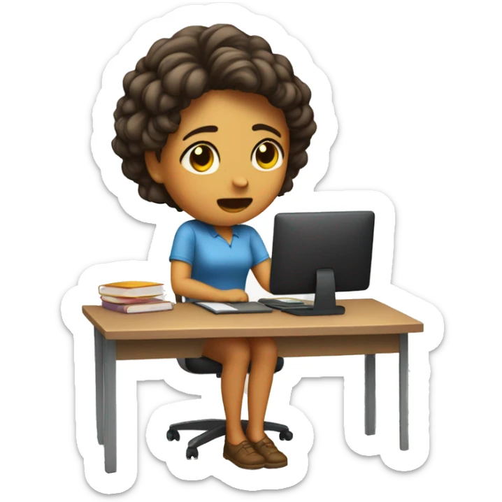 girl frusturated at her desk with hands on her head. full body with the desk included sticker