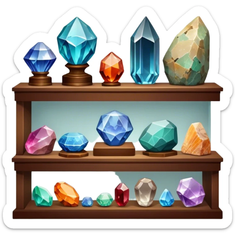 Icon for Mineral, Stone & Fossil Collecting: a display of various colorful minerals, gemstones, and fossils, arranged neatly on a table or shelf. The icon should reflect the beauty and scientific interest of collecting natural specimens. Transparent background. sticker