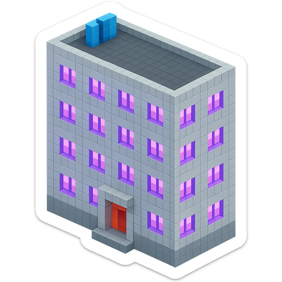 Russian panel apartment building, modernized square block, light gray, ultraviolet glowing windows, isometric view sticker