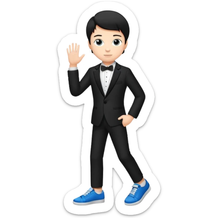 generate a pretty bratz fair skinned boy with short black hair wearing a black tux with blue sneakers sticker