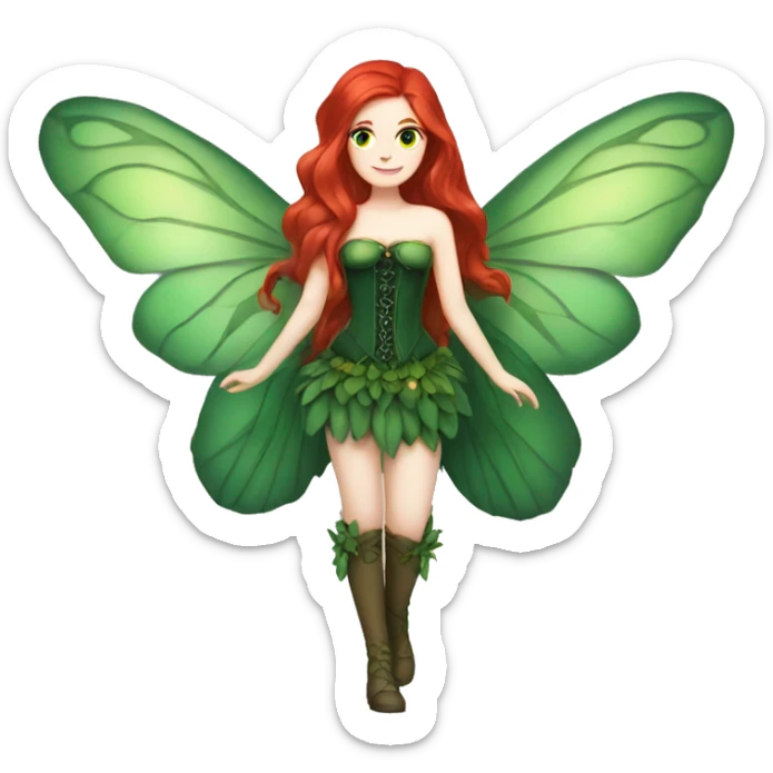 Fairy with long red hair pale skin deep green wings and green corset sticker