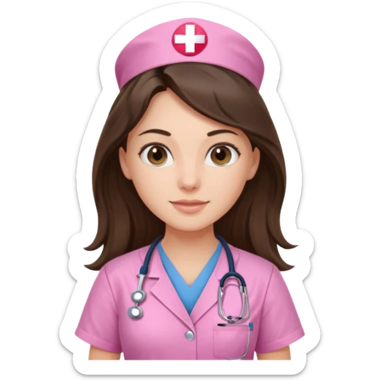 pretty brunette nurse with long hair in pink scrubs sticker