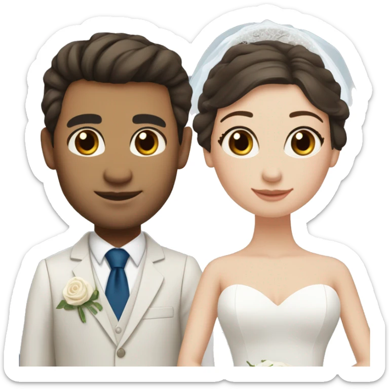 Bride with pale skin, dark brown hair & blue eyes standing with Groom with olive skin, dark brown hair and brown eyes sticker