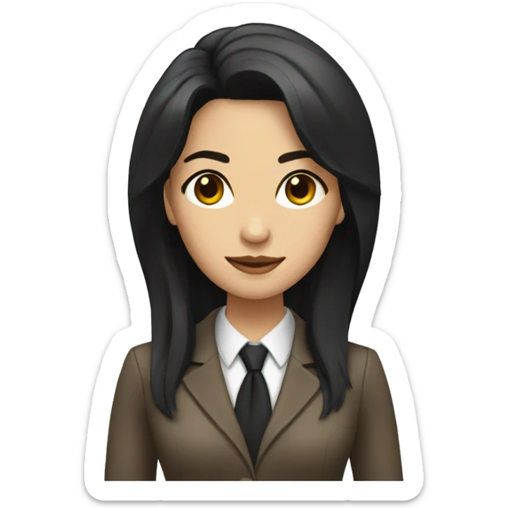 Female defense attorney with long black hair with brown suit sticker
