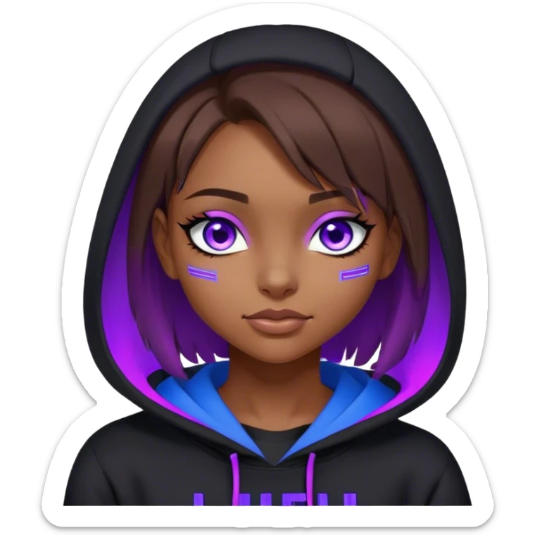 brown haired girl with a bob blue eyes wearing black hoody with violet letters "Lu", winks with one eye. Cyberpunk style. Violet neon. sticker