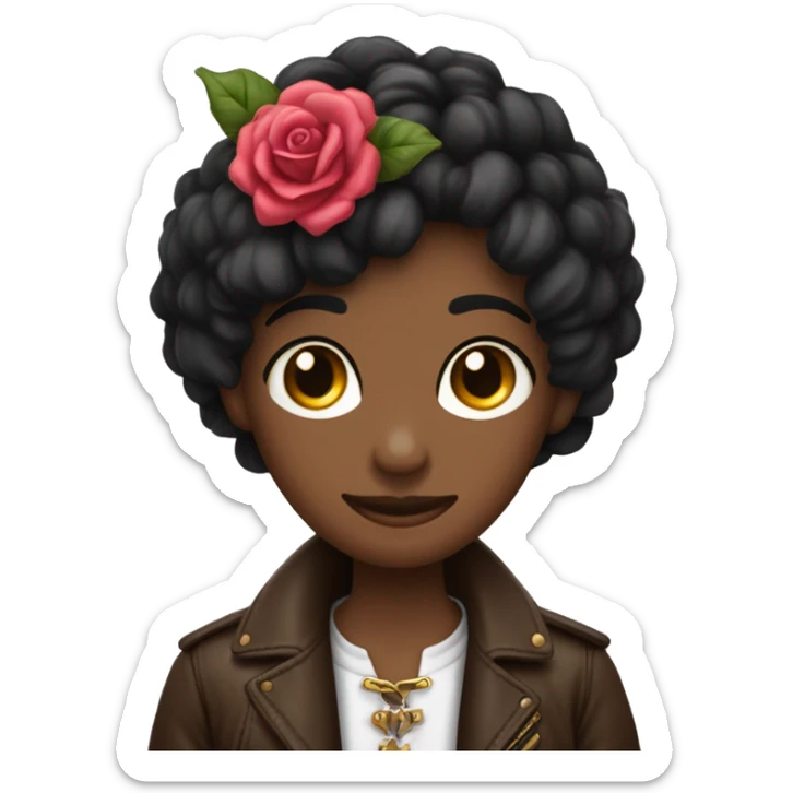 Quiero un emoji de una persona con un Pasamontañas negro que tiene el Contorno de los ojos rosas, lleva una chaqueta Azul vaquera y Un collar marrón claro y Tatuajes, también lleva guantes de cuero sticker