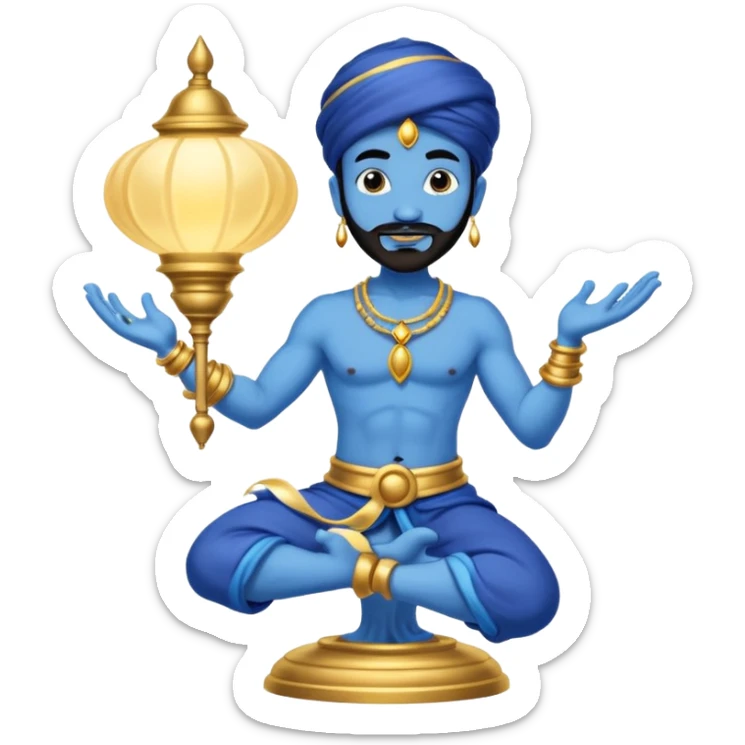 Blue skinned genie with a black goatee and gold bracelets swirling out of a lamp from Aladdin  sticker