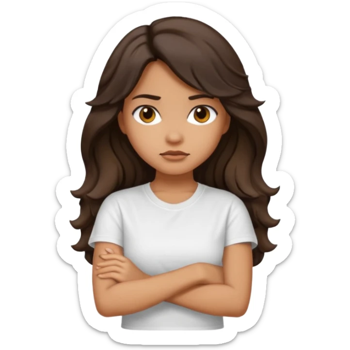 Tan girl dark long wavy hair crossing her arms with slight pout sticker