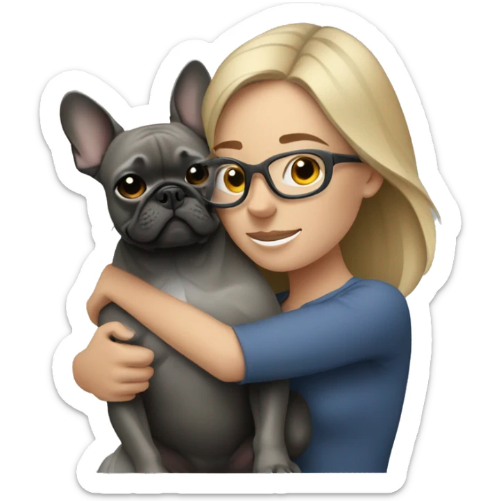 dark blonde woman with gray glasses hugging dark gray french bulldog sticker