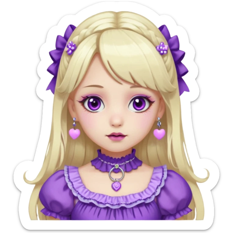 Ai pale girl , who has straight long length blonde and purple swirled hair , hazel eyes , and doll like makeup , with a septum piercing, nostril piercing, in a purple lolita hime gyaru dress emoji sticker