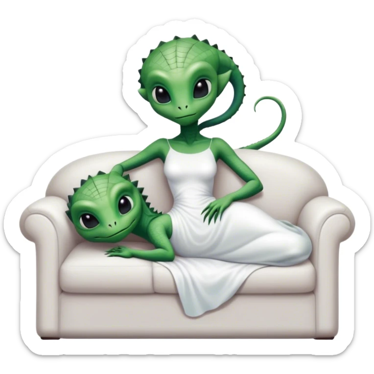 a reptilian alien woman, in white dress, lie on couch comfy, full figure sticker