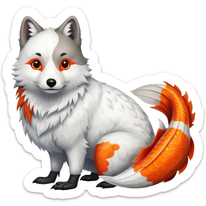 Asian Painted Fluffy Realistic Rock-Ptarmigan-Arctic-Wolf-Koi-Fish-Animal-hybrid, full body, with red marking over eye sticker