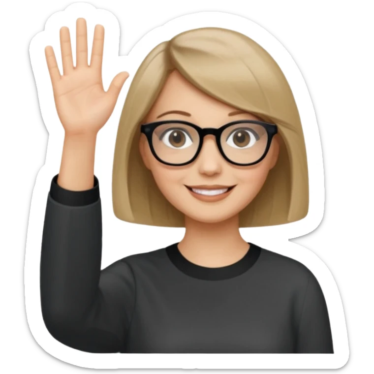 woman dark blonde petite bob haircut wears dark squarish glasses, classic clothes, smiling, waving, a tad older sticker