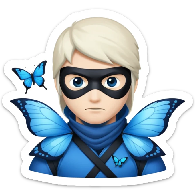 Crea una imagen con estos dos emoji 🥷🏻🦋
él ninja de piel blanca con la mariposa azu posada en el hombro como si estuviera volando. sticker