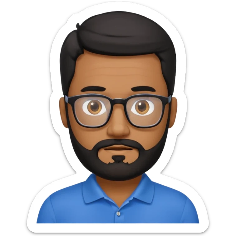 A tanned 50year old bearded man with black hair wearing glasses and a blue polo sticker