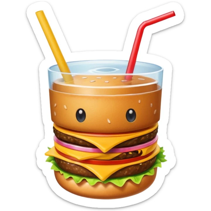 i want a Cheeseburger and Fries with a angle to 15–20° gentle bird’s-eye angle with a cold drink with ice cube with straw with some fries thicker like McDonald's french fries sticker