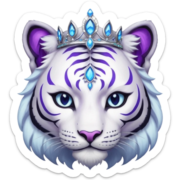 ESO Female white/black tiger khajiit leader of the umbral rose, glowing blue eyes, glowing blue 'third eye' gem; beautiful desined purple gemmed silver tiara sticker