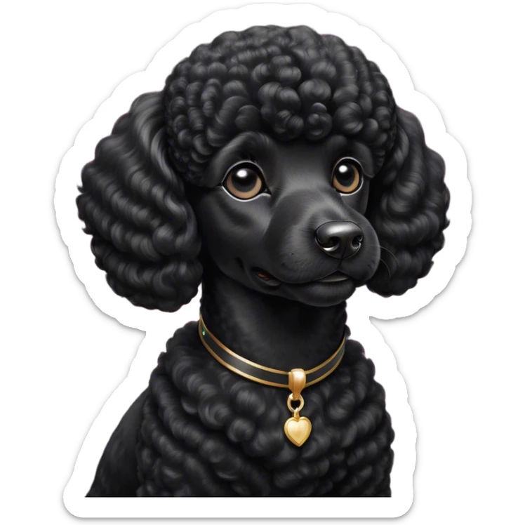 Cinematic Noble Black Poodle Portrait Emoji, Poised and regal, with a refined, elegant build and a meticulously groomed, curly jet-black Fur, deep-set soulful dark eyes, Simplified yet sharp and sophisticated features, highly detailed, glowing with a soft, dignified glow, high shine, intelligent and graceful, stylized with an air of sophistication, focused and attentive, soft glowing outline, capturing the essence of a watchful and confident companion, so majestic it feels as though it could prance out of the screen with effortless authority! sticker