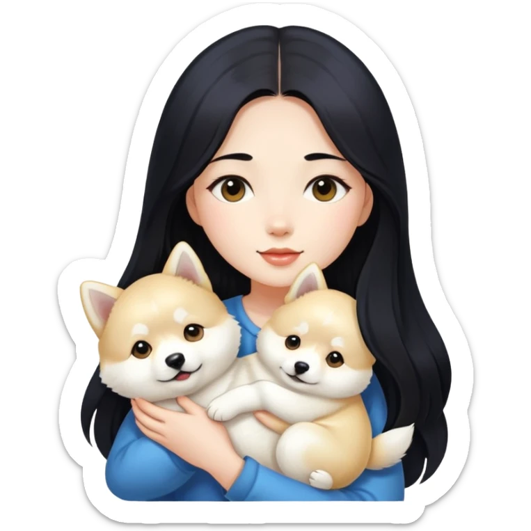 A beautiful girl with long black hair is holding a long-haired white Shiba Inu puppy sticker