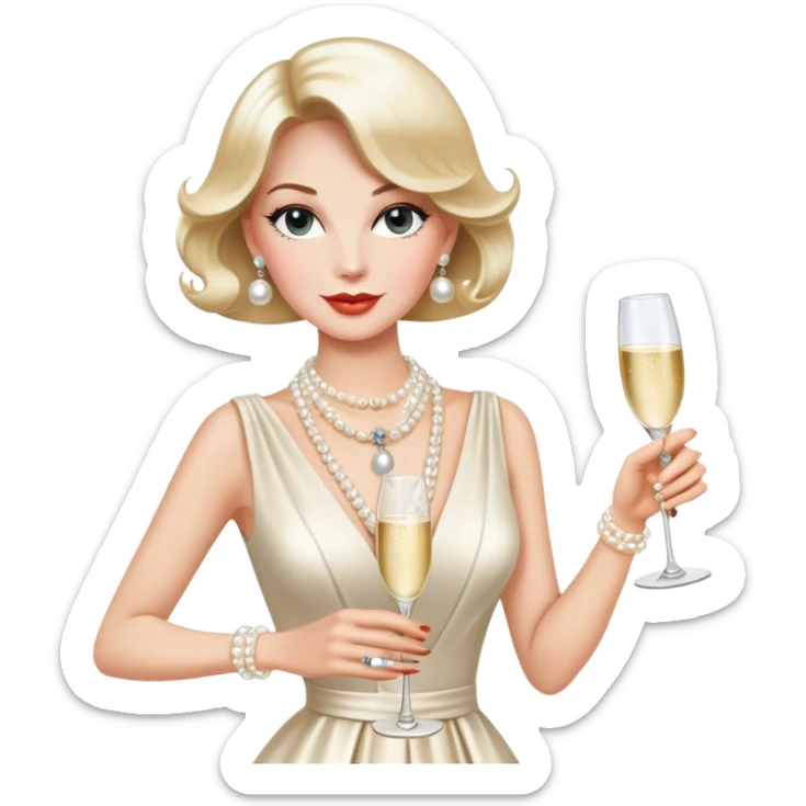 Elegant Western socialite with designer clothes, pearl necklace, champagne glass, luxury lifestyle sticker