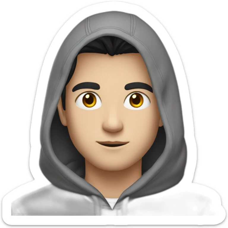 young white guy with black straight hair and silver eyes, with a grey hoodie on sticker