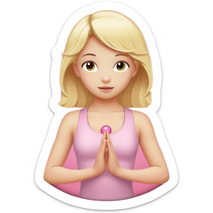 angelic blonde girl in light pink yoga outfit pushing "FUCK" pink button sticker