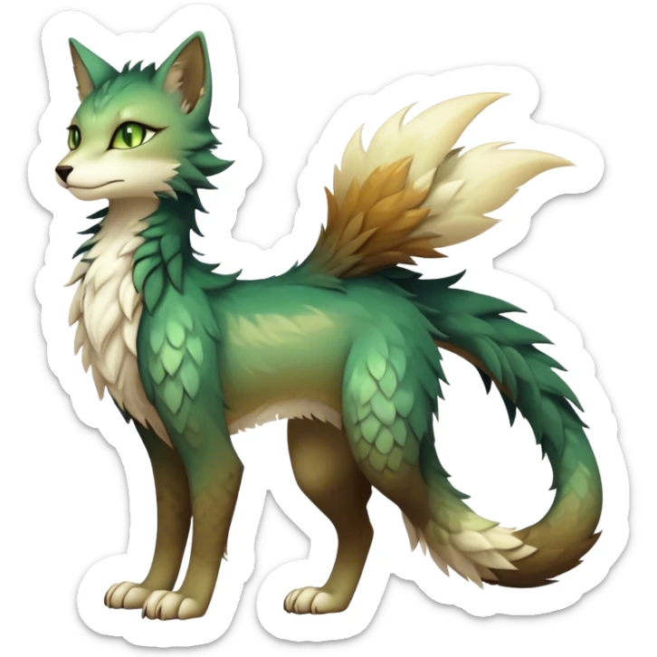 Kawaii dark edgy fantasy ethereal feline-vernid-sergal-fursona animal creature with a tufted tail full body, brown fur, with gradient beige-white intricate markings, hazel-gold-green eyes sticker