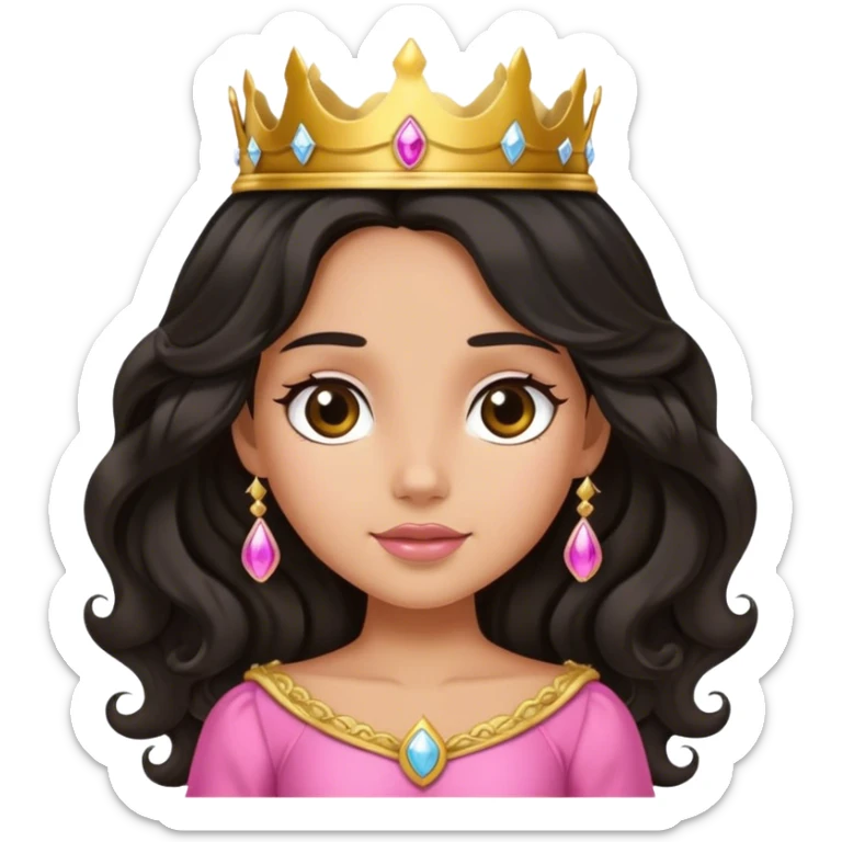 Very very tanned princess, with long black wavy hair and crown and an pink princess outfit with a cute pose sticker