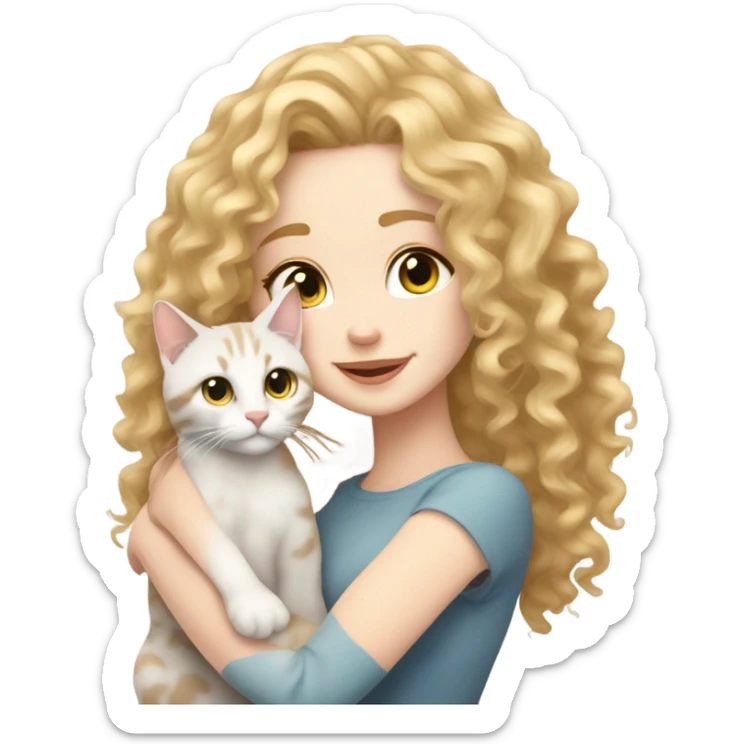 Curly hair hair blonde pale skin cuddling with domestic shorthair sticker