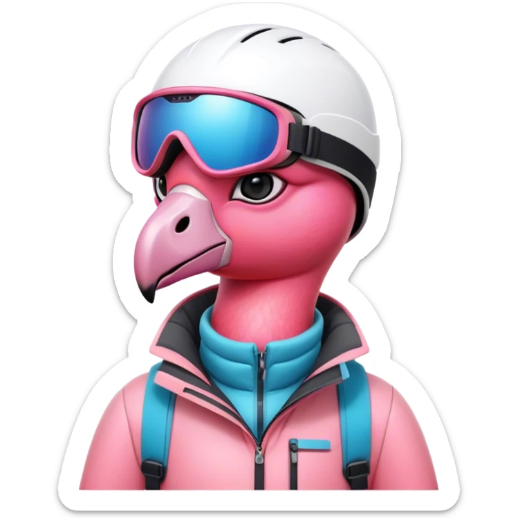 A female Skiing Flamingo with ski helmet, ski goggles , ski and ski boots sticker