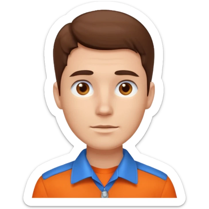 male, white skin, brown hair, brown eyes, orange shirt and blue collarbone, no wrinkles sticker