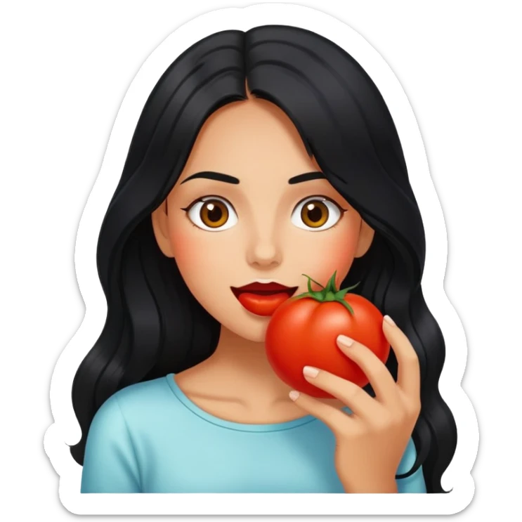 Pretty tanned girl with long black hair, eating tomatoes sticker