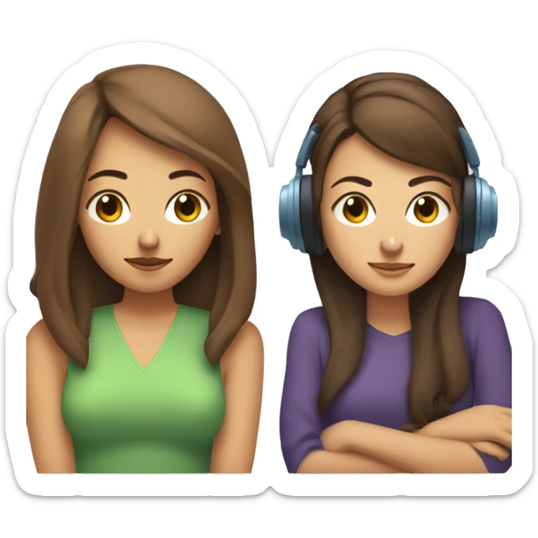 woman with brown, short hair wearing wired headphones sitting next to a woman with long brown hair resting her head on the other woman’s shoulder sticker