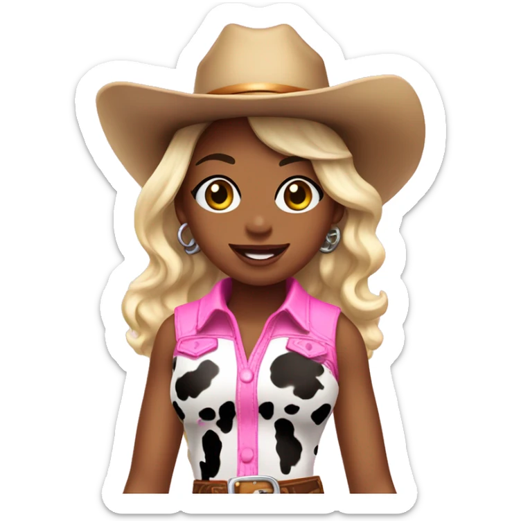 Cute cowgirl with shiny cow print outfit and pink cowgirl boots smiley face earrings and pink cowboy hat  sticker