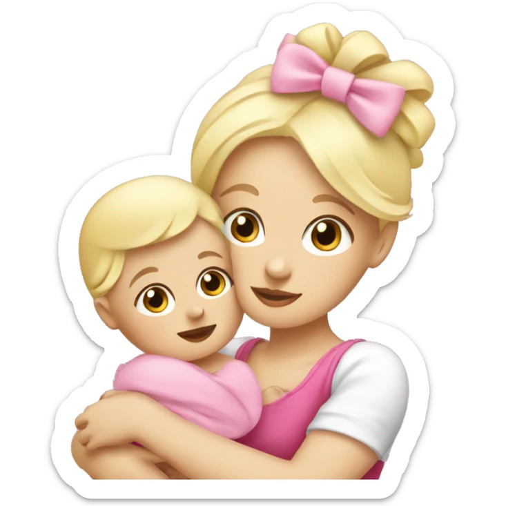 white blonde woman cuddling baby with big pink bow on her head sticker