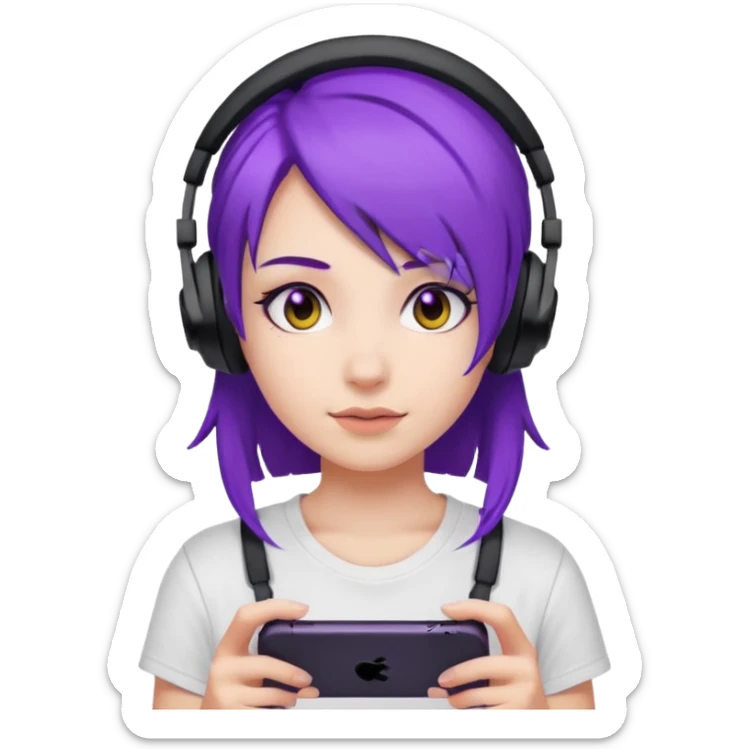 Gamer Girl with black Headset + Purple Hair, white T-shirt sticker