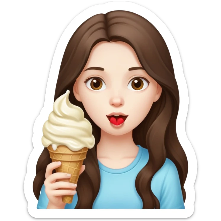 beautiful pale brunette girl with long hair eating ice cream sticker