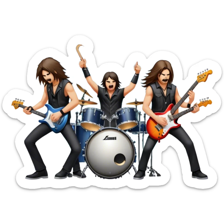Icon for Heavy Metal Music: 4 men band on stage with electric guitars, drums and intense lighting. 4 Musicians headbanging, surrounded by energy and stage effects, capturing the power and intensity of a metal concert. Transparent background. sticker