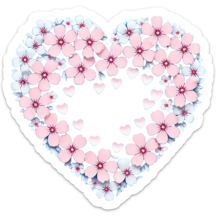  blue sakura heart, heart made of white sakura petals with pink accents, remove background sticker