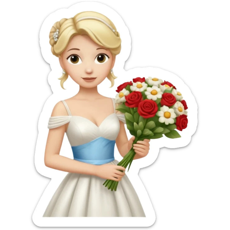 Chica blanca, cabello rubio, recogido en moño alto con mechones, vestido novia , cuerpo entero, ramo de flores en una mano, cola trasera sticker