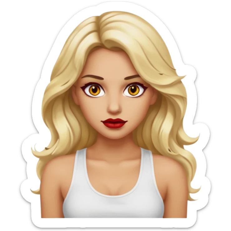 a woman with white tank top her hair is long wavy blonde hair, her face is baddie girl style, her eyes color are yellow and the color of her lip is red maroon sticker