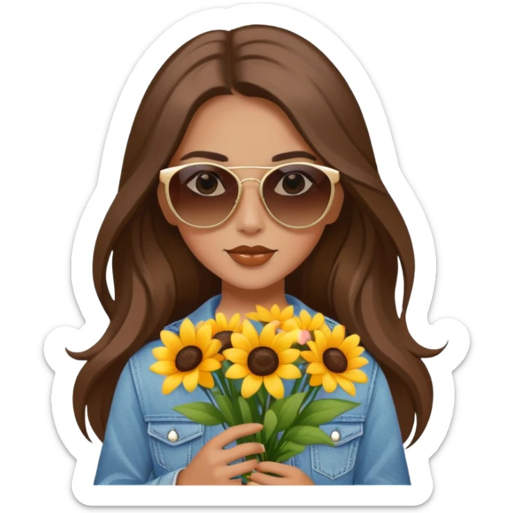 cool girl with long brown hair holding a bouquet of flowers, sunglasses, trendy sticker