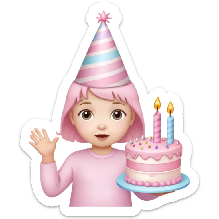 cute baby girl with pastel pink birthday hat and pink birthday cake sticker