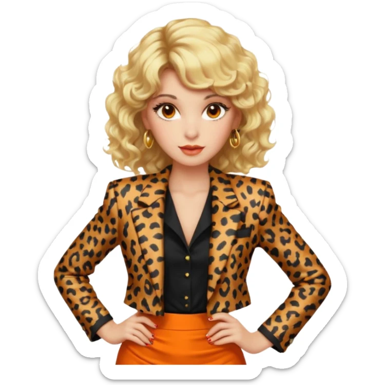 Blonde woman with an 80s-style hairstyle, with curls and bangs, animal print blazer, black top and orange skirt, all very 80s style, brown eyes, 80s makeup sticker