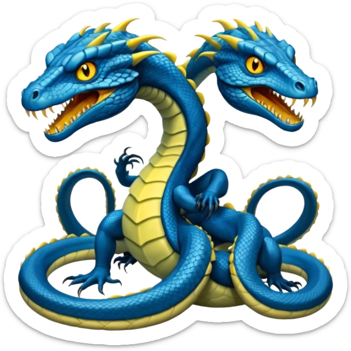 blue hydra, strong reptilian body, not like a snake,  with 3 serpent-like heads rising from its neck sticker
