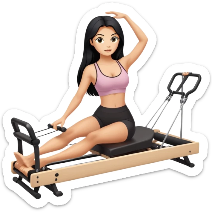 woman with bra, tanned long black hair, doing Pilates reformer  sticker