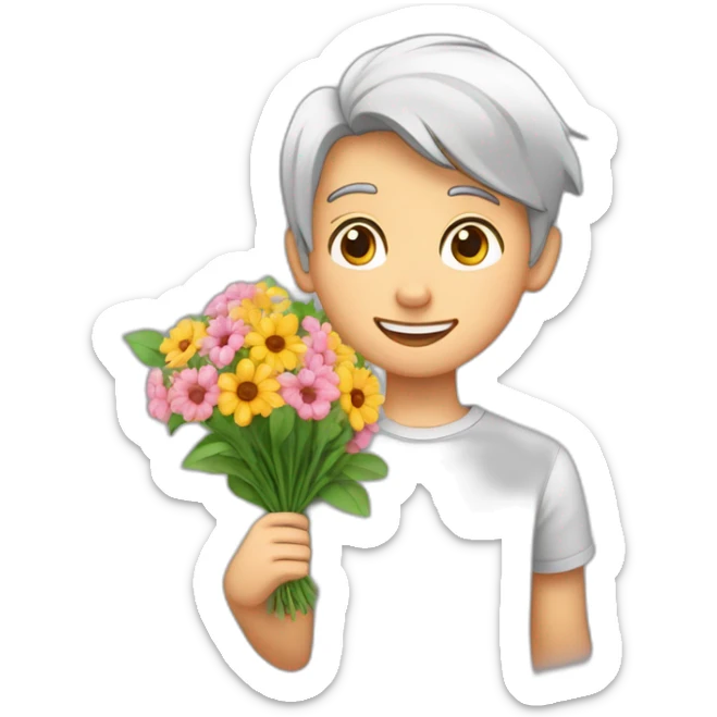 Garçon de 15 ans grand blanc au cheveux brun court qui tient kn bouquet de fleurs sticker