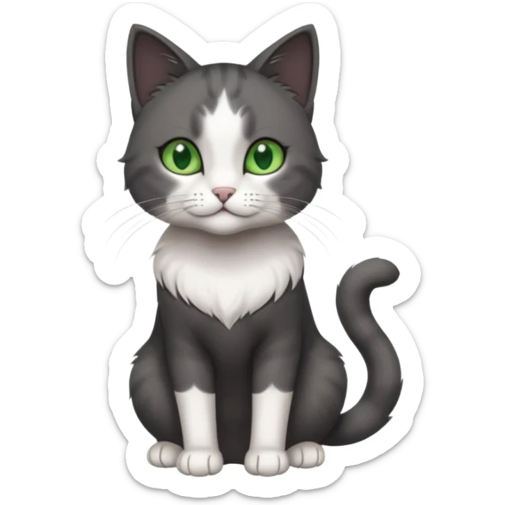 full body view of beautiful female solid dark grey cat with green eyes, white toes/paws and white patch on her chest sticker