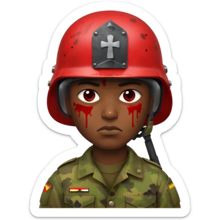 soldier with very dark Senegalese skin, scowling, blood splatter on left cheek, helmet visible, Apple 2D emoji style sticker